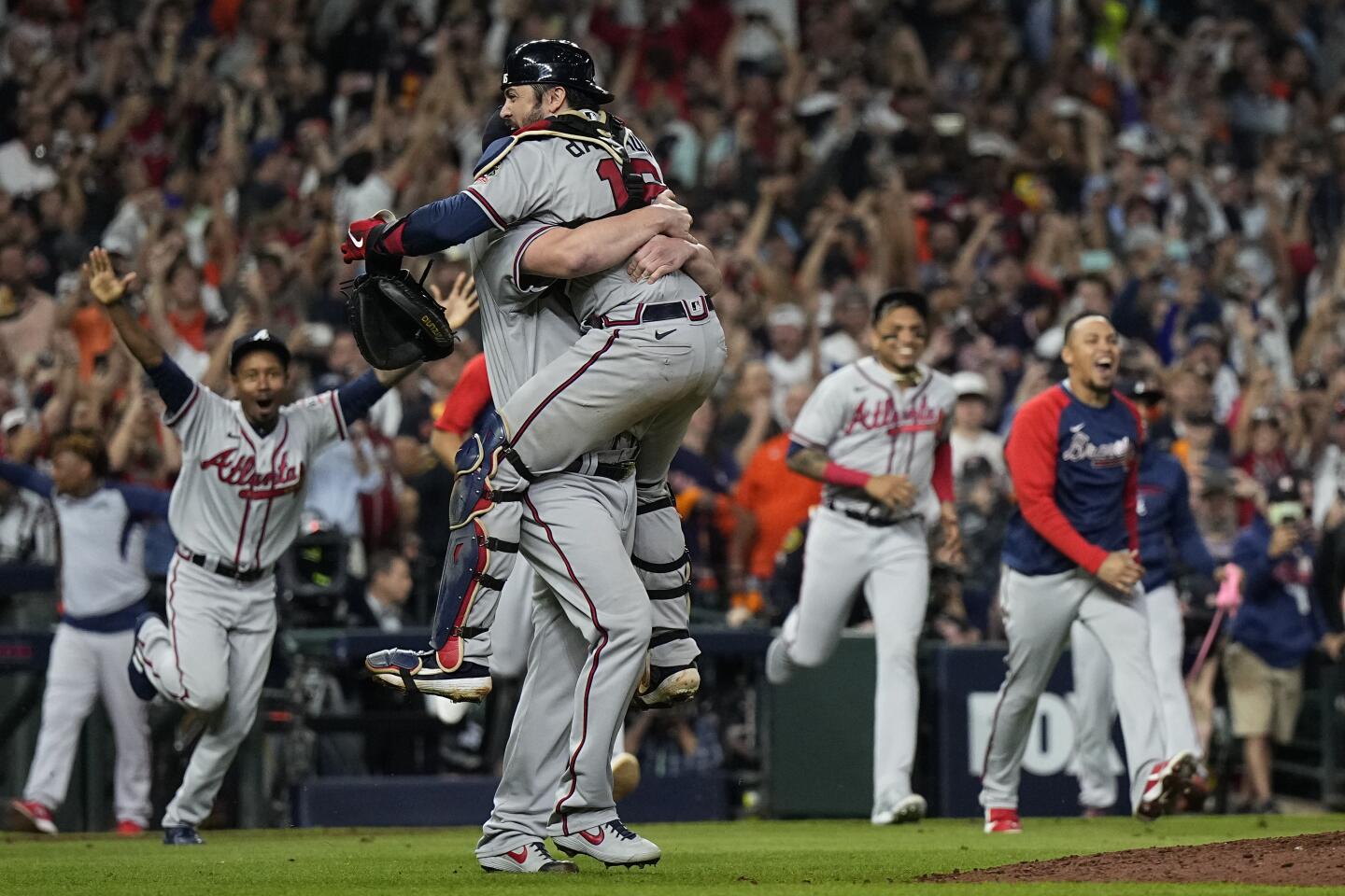 The Atlanta Braves celebrate after winning baseball's World Series in Game 6 against the Houston Astros Tuesday, Nov. 2, 2021, in Houston. The Braves won 7-0. (AP Photo/David J. Phillip)