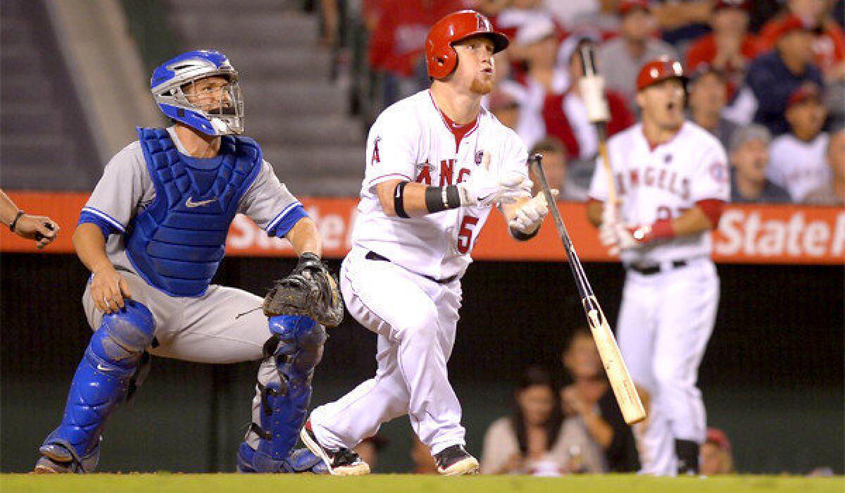 Kole Calhoun went 4 for 5 at the plate and belted a two-run home run to give the Angels a 7-5 victory over the Toronto Blue Jays on Friday.
