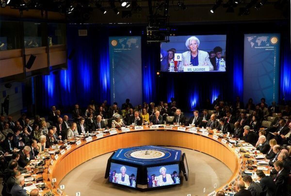 IMF managing director Christine Lagarde addresses officials at the IMF and World Bank spring meetings in Washington.