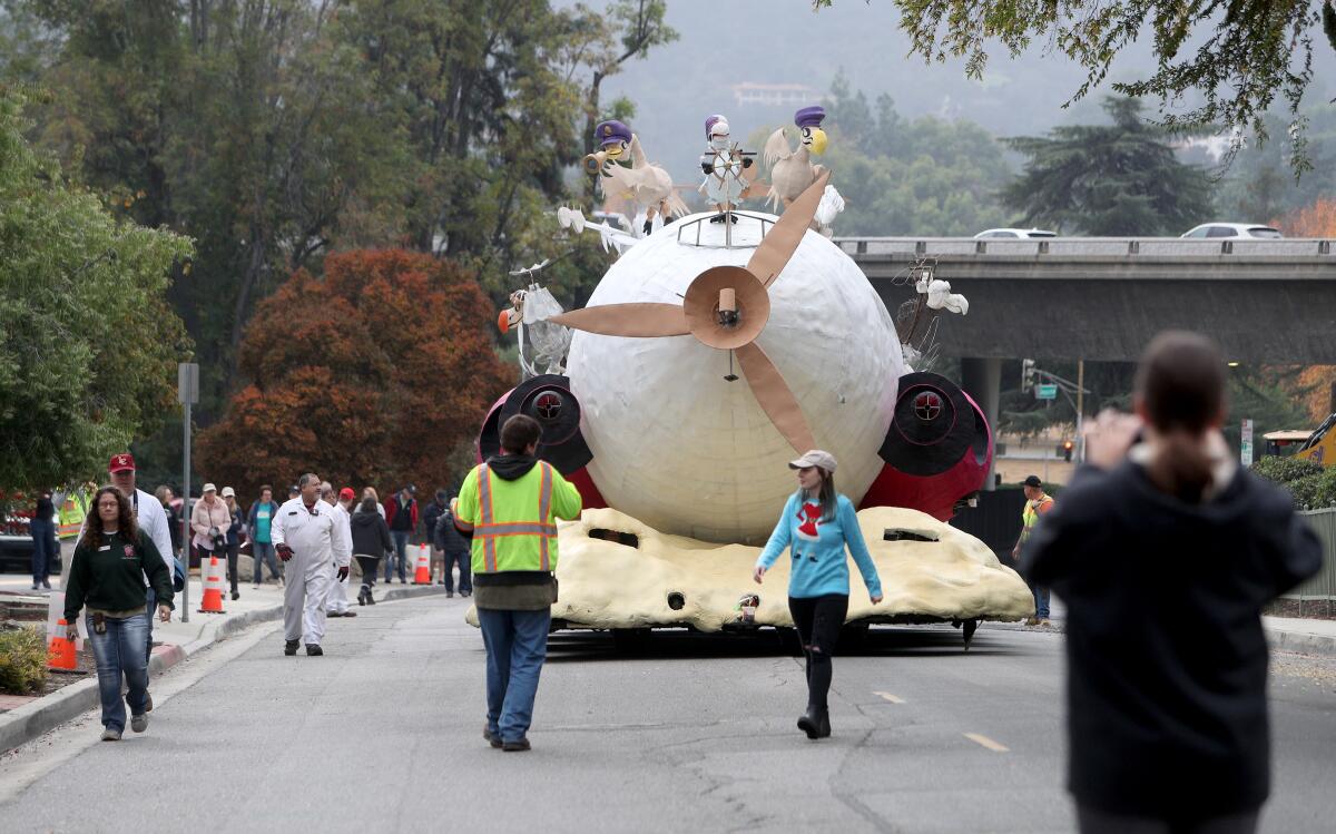 The La Cañada Flintridge Tournament of Roses Assn. tested out its entry for the 2020 Rose Parade,"Dodo Bird Flight School,” during a T2 inspection on Saturday.