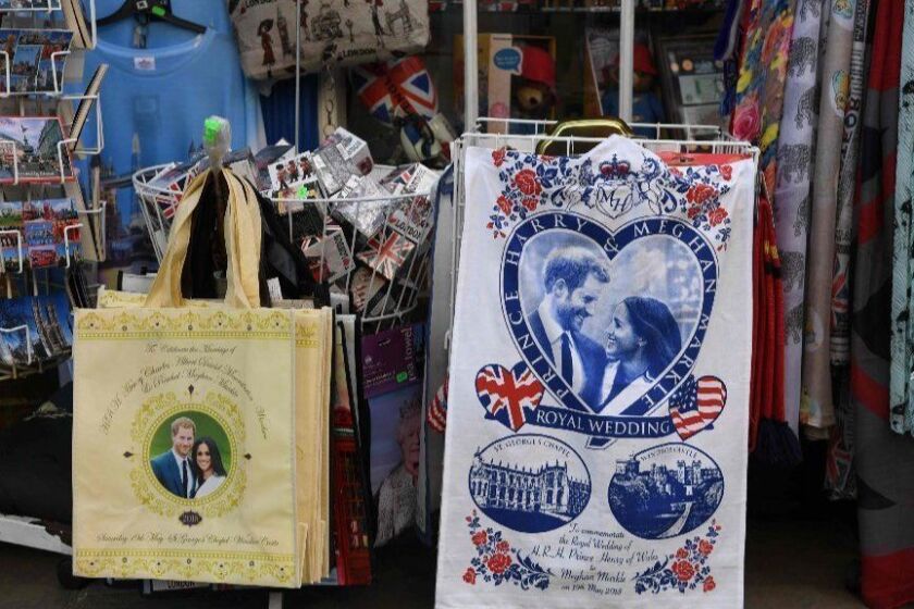 Royal Wedding Souvenirs are seen in a gift shop in Windsor on May 18, 2018, the day before the Royal wedding. Britain's Prince Harry and US actress Meghan Markle will marry on May 19 at St George's Chapel in Windsor Castle. / AFP PHOTO / Paul ELLISPAUL ELLIS/AFP/Getty Images ** OUTS - ELSENT, FPG, CM - OUTS * NM, PH, VA if sourced by CT, LA or MoD **