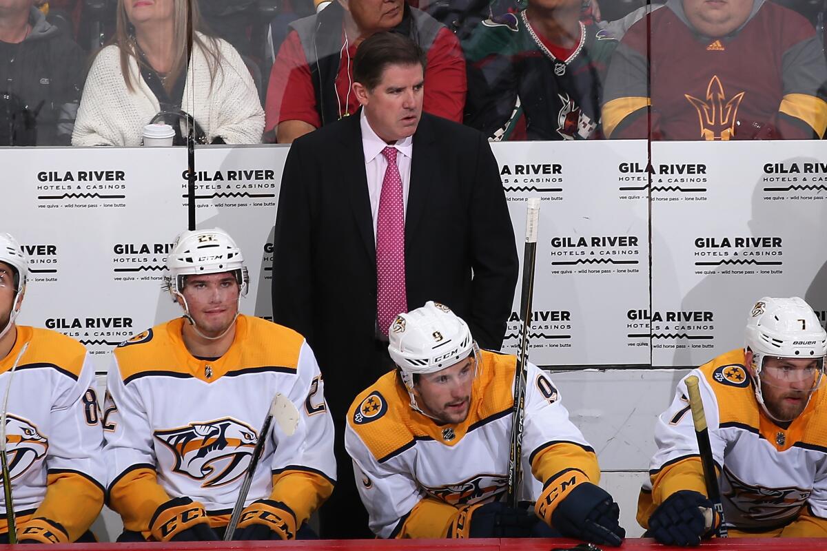Predators coach Peter Laviolette was fired Monday after the team suffered its fourth loss in five games Sunday against the Ducks.