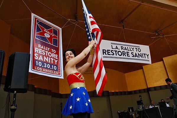 A patriotic 'Wonder Woman' rallies the hundreds who gathered at Levitt Pavilion in MacArthur Park as a local counterpart to the "Rally to Restore Sanity and/or Fear" held in Washington, D.C.