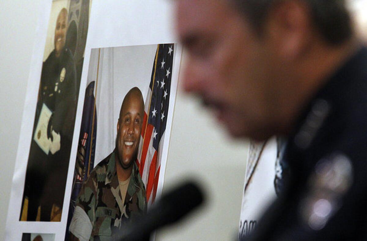 LAPD Chief Charlie Beck talks to reporters about Christopher Dorner, pictured at left, a former LAPD officer who went on a shooting rampage in February.