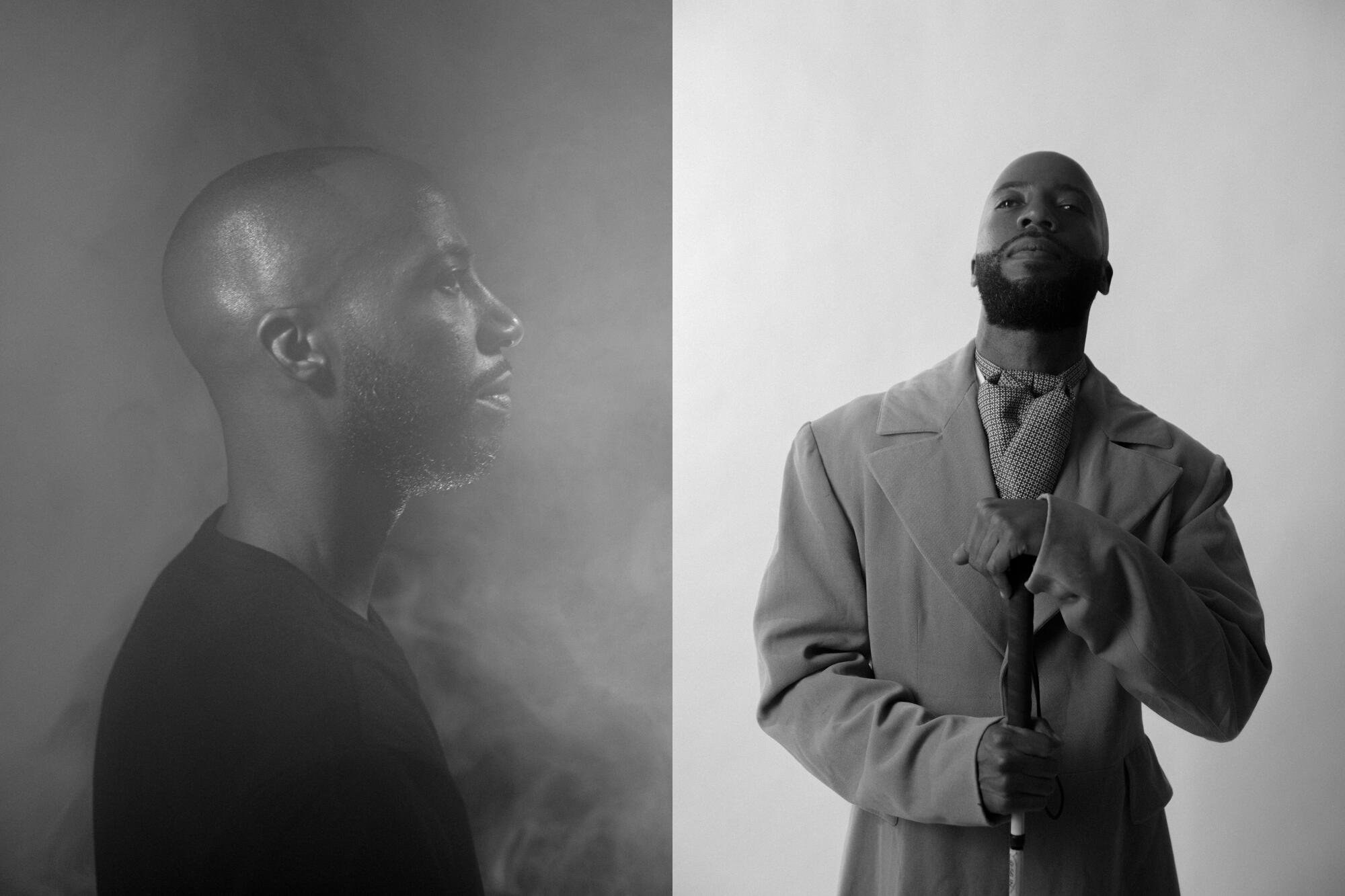 An image of man in profile, left, beside a photo of the same man dressed in an overcoat and an ascot.