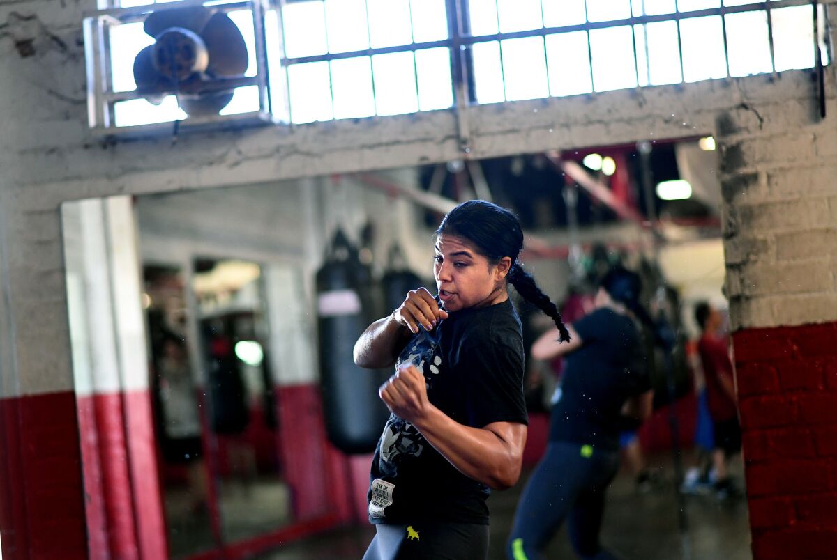 LOS ANGELES, CALIFORNIA SEPTEMBER 30, 2016-Women's middleweight boxer Maricela Cornejo trains for her fight Friday in the co-main event of a Golden Boys Promotions card. Cornejo has overcome childhood and young adult adversity to ermerge as a possible signature face of female boxing. (Wally Skalij/Los Angeles Times)