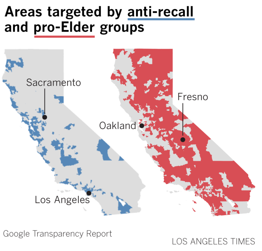 Two maps of California are shaded to show where separate ad campaigns took place.