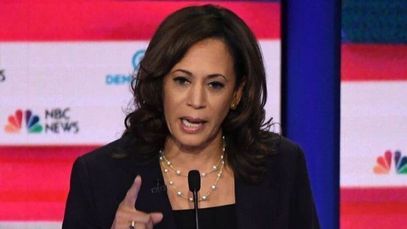 U.S. Senator Kamala Harris speaks during the second Democratic primary debate of the 2020 campaign, hosted by NBC News at the Adrienne Arsht Center for the Performing Arts in Miami, Florida, June 27, 2019.