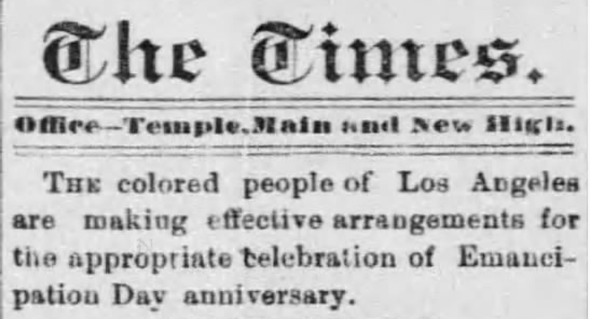 A blurb about Emancipation Day (Juneteenth) festivities in the Nov. 14, 1885 edition of Los Angeles Times