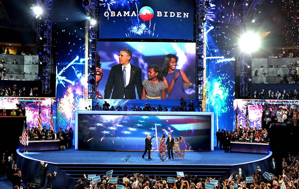The Obama family gathers onstage near the end of the Democratic National Convention.