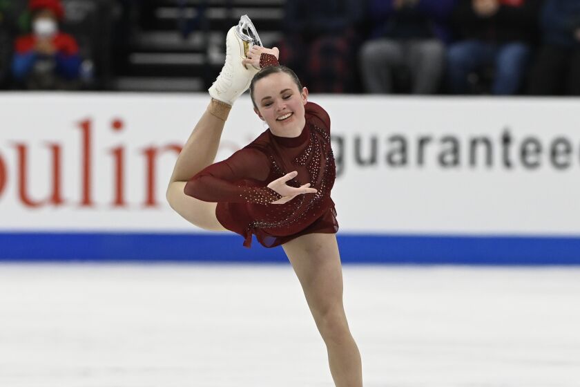 Mariah Bell competes in the women's free skate program during the U.S. Figure Skating Championships.