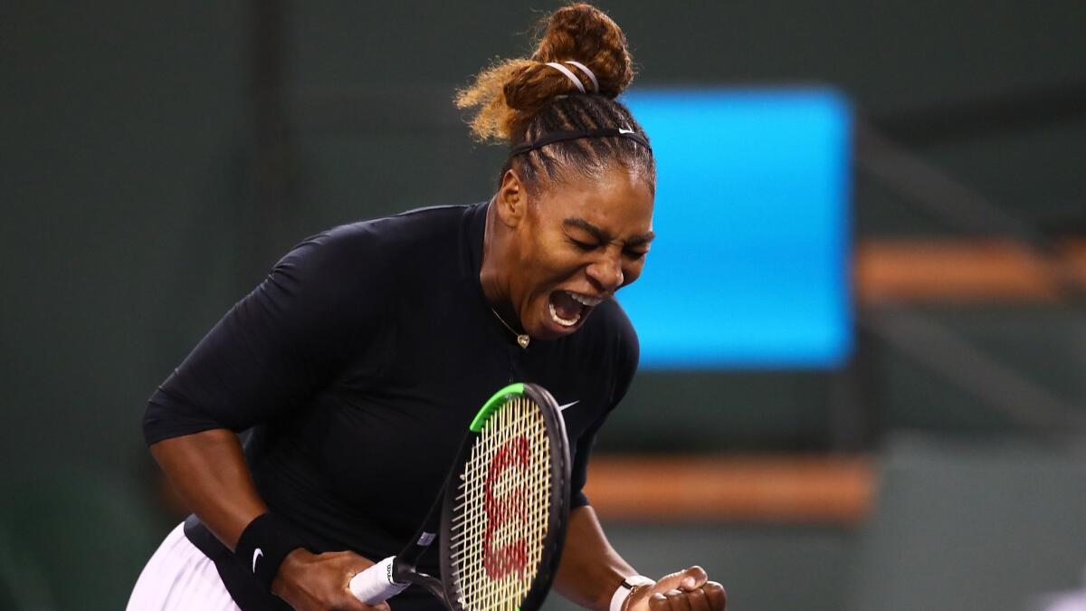 Serena Williams celebrates winning the first set against Victoria Azarenka during their second round match of the BNP Paribas Open at the Indian Wells Tennis Garden on March 08, 2019.
