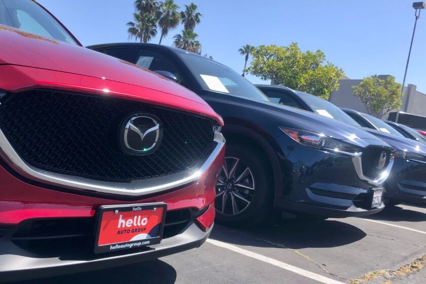 Used cars for sale in the lot of the Hello Mazda of San Diego dealership in Kearny Mesa.