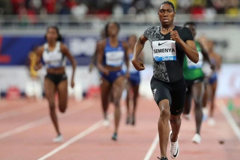 South Africa's Caster Semenya competes to win the gold in the women's 800-meter final during the Diamond League in Doha, Qatar, Friday, May 3, 2019. (AP Photo/Kamran Jebreili)