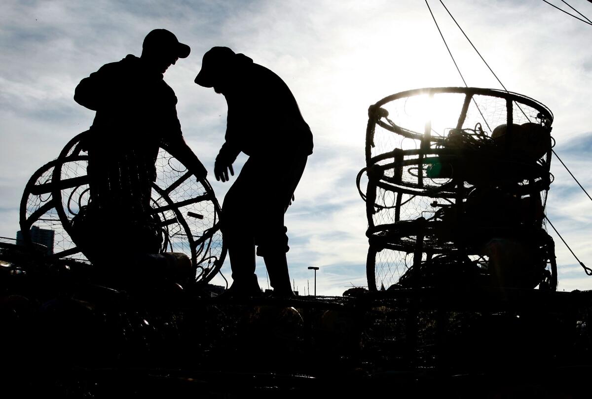 Crab fishermen load crab traps onto their boat.