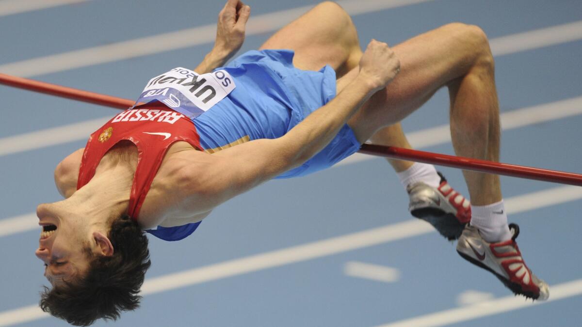 Russia's Ivan Ukhov competes in the men's high jump final during the Athletics Indoor World Championships in Sopot, Poland, in March, 2014.