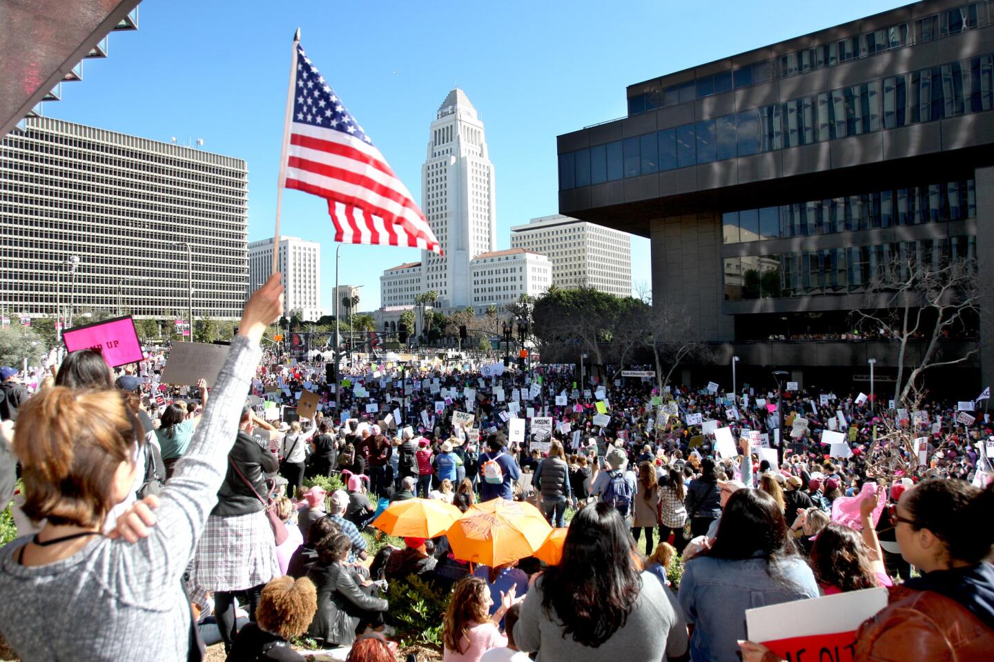 More than half million people gathered in downtown Los Angeles for the Women's March L.A., on Saturday Jan. 21, 2017. According to the organizer;s website, "We stand together in solidarity for the protection of our rights, our safety, our health, and our families, recognizing that our vibrant and diverse communities are the strength of our country."