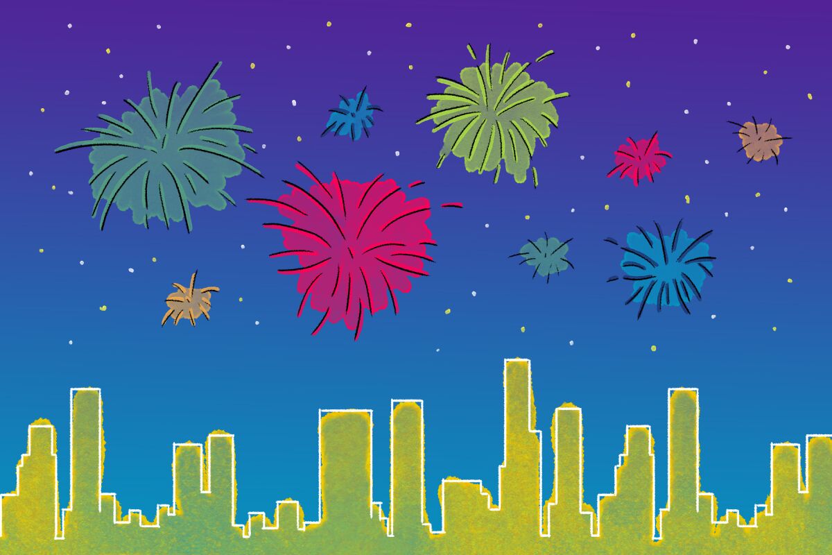 Illustration of a night sky with fireworks lit up in the background and a yellow skyline of L.A. beneath.