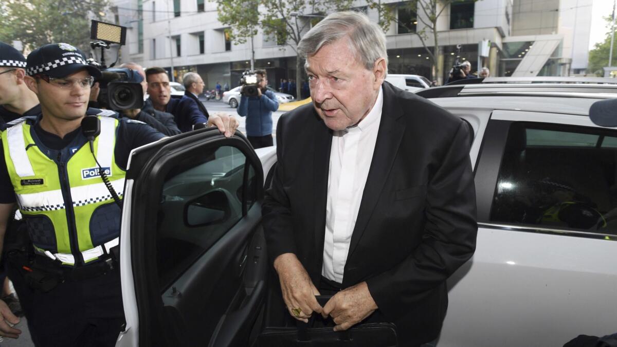 Cardinal George Pell arrives at Magistrates Court in Melbourne, Australia, on May 1.