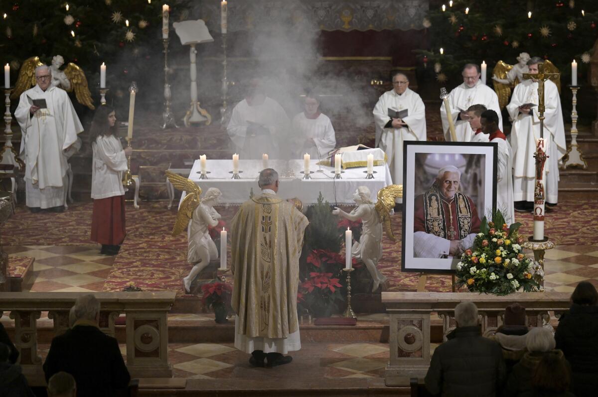 An altar scene during a Mass for Benedict XVI at the Saint Magdalena church 