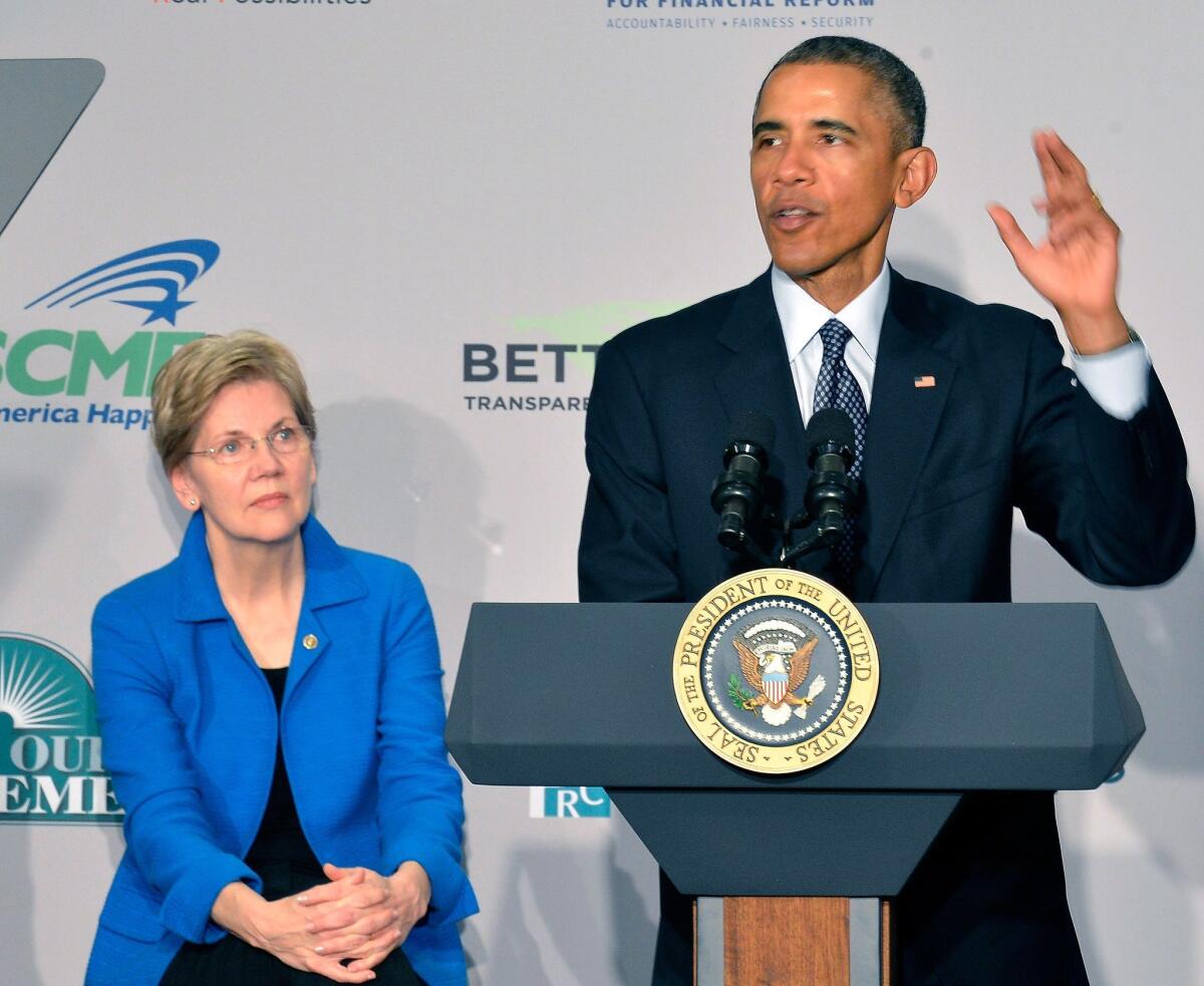 President Obama makes remarks as before AARP as Sen. Elizabeth Warren (D-Mass.) listens. Obama pressed for rule changes that he says would rein in conflicts of interest on in the investment industry.