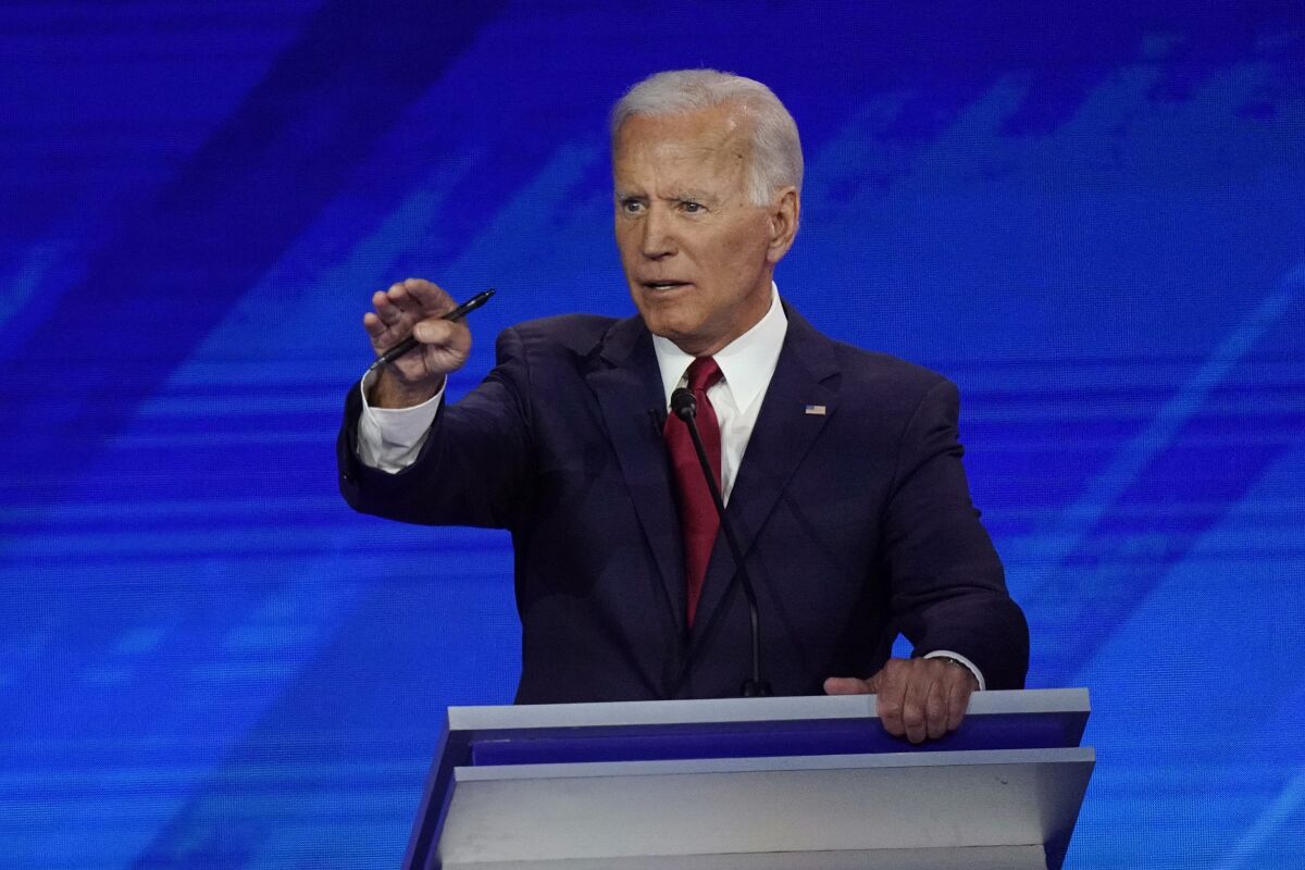 Former Vice President Joe Biden speaks at the Democratic presidential debate in Houston