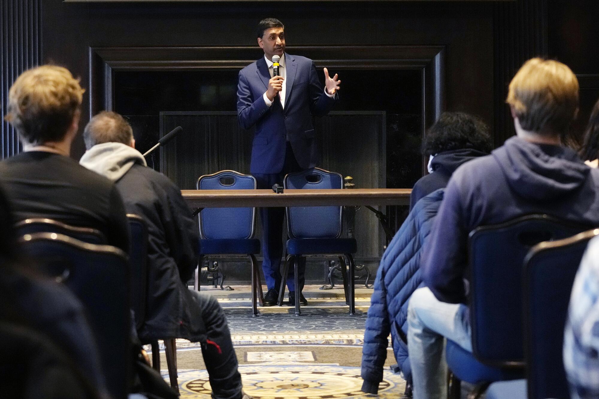 U.S. Rep. Ro Khanna, D-Ca., speaks to a group of college Democrats, Thursday, Feb. 22, 2024, 