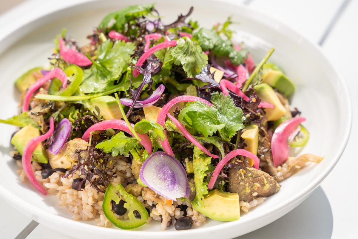 An herb-topped vegan carne asada bowls from Parakeet Cafe Beverly Hills
