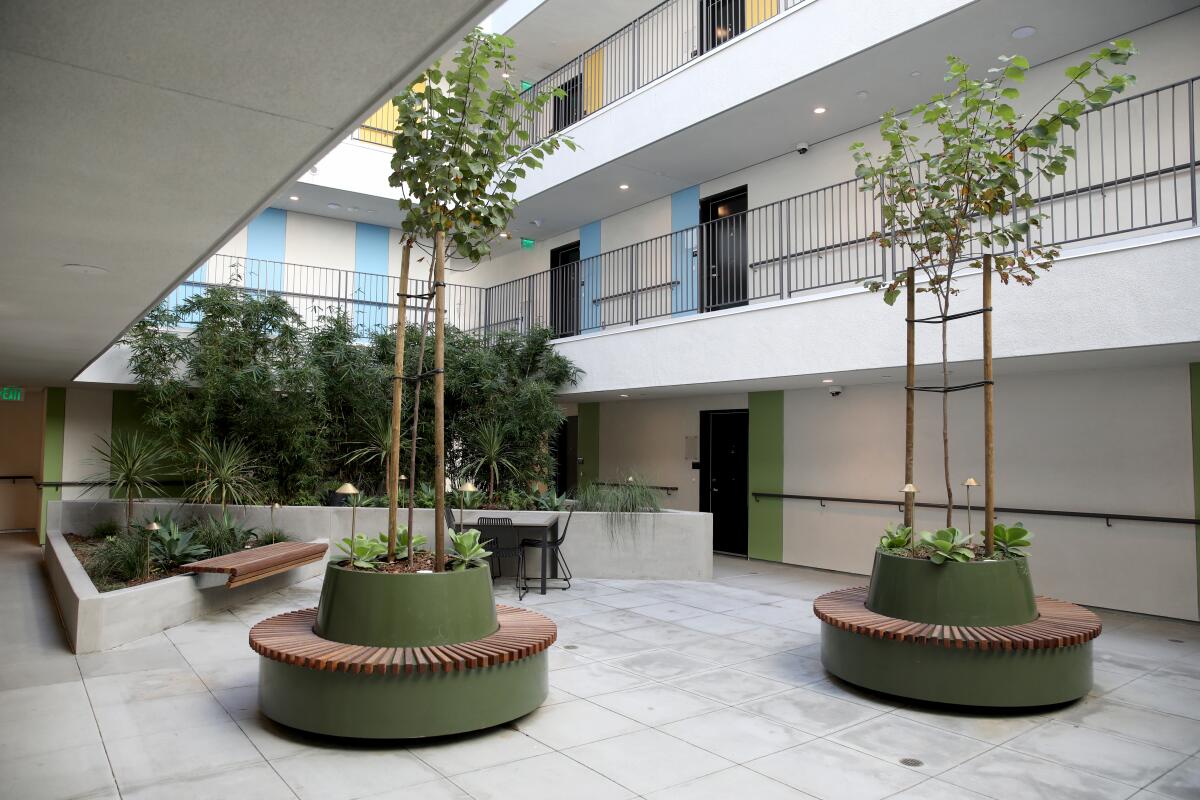 Interior patio at Amani Apartments features potted trees set in round benches