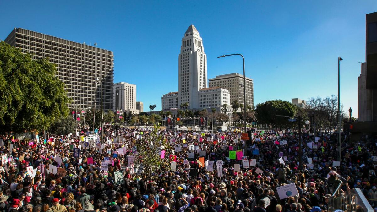 Women's March participants in front of L.A. City Hall on Jan. 21.