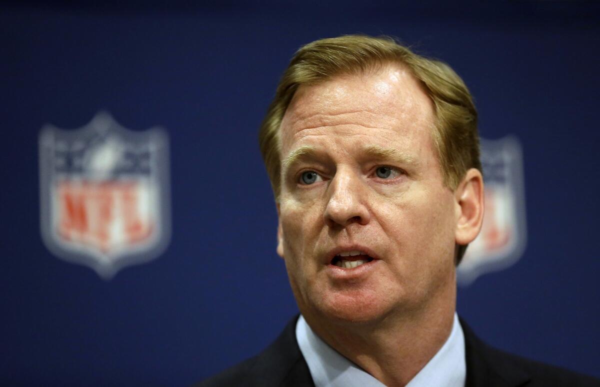 NFL Commissioner Roger Goodell talks at a news conference at the NFL's spring meeting Tuesday in Atlanta.