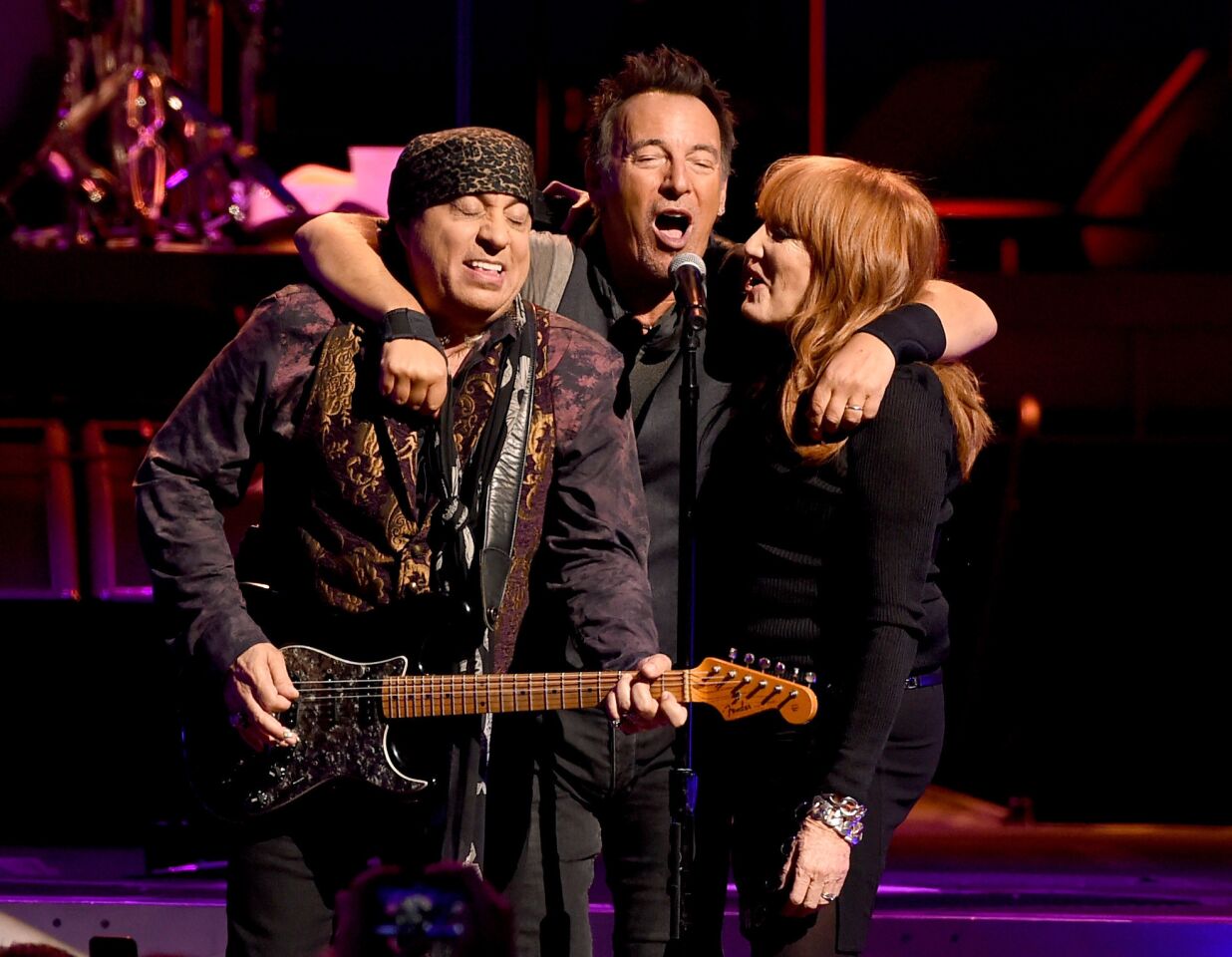 Bruce Springsteen, center, with Stevie Van Zandt, left, and Patti Scialfa played the first of three shows at the Los Angeles Sports Arena on March 15, 2016.