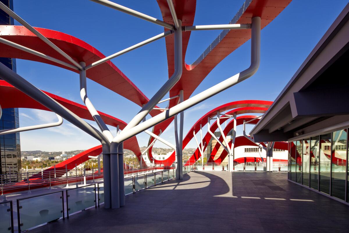 Swirling metal adornments on the rooftop of the Petersen Automotive Museum.