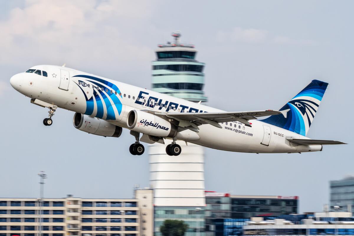 An EgyptAir Airbus A320 takes off from Vienna International Airport.