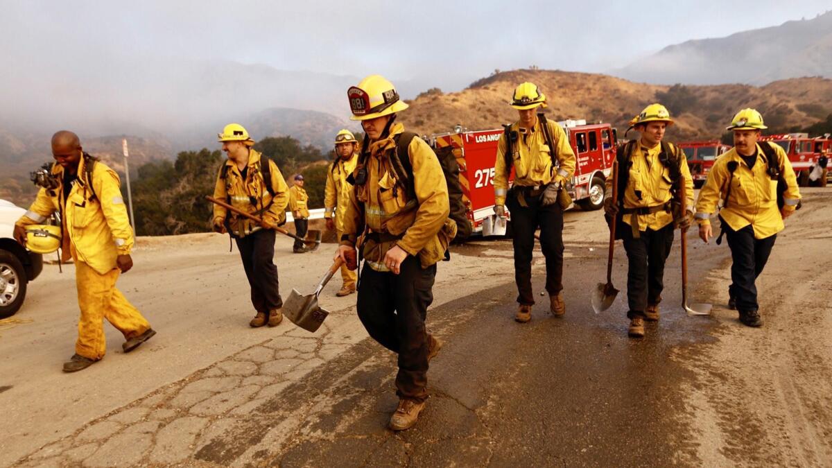 L.A. County firefighters contain a brush fire in a remote area in Sylmar.