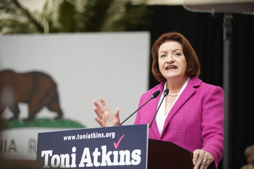 San Diego, California - January 19: Longtime San Diego leader and California Senate President Pro Tem Toni Atkins is running to become California's next governor, she makes her announcement at the San Diego Air & Space Museum. Senate President Pro Tem Toni Atkins speaking on stage in Balboa Park on Friday, Jan. 19, 2024 in San Diego, California. (Alejandro Tamayo / The San Diego Union-Tribune)
