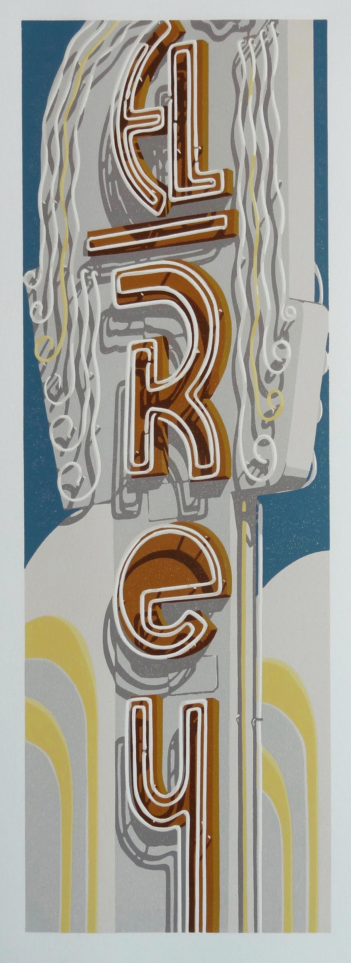 Dave Lefner's "The El Rey Theater," 2017. Reduction linocut in nine colors, 24 inches by 8 inches. (Dave Lefner)