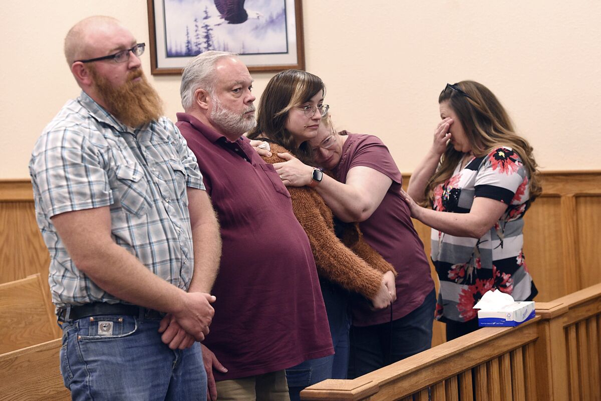The family of Naomi Irion attends the arraignment hearing for defendant Troy Driver, Friday, April 8, 2022, at the Fernley Justice Court in Fernley, Nev. Driver, accused of kidnapping and 18-year-old Naomi Irion last month, will remain in jail without bail ahead of another court date on murder and other charges, a judge ruled. (Jason Bean/The Reno Gazette-Journal via AP, Pool)