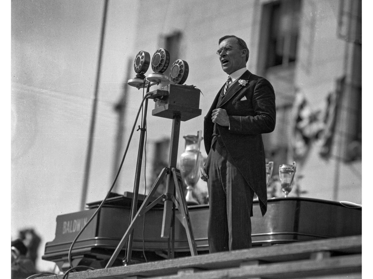 April 26, 1928: Mayor George E. Cryer gives a speech at dedication ceremonies for the new Los Angeles City Hall.
