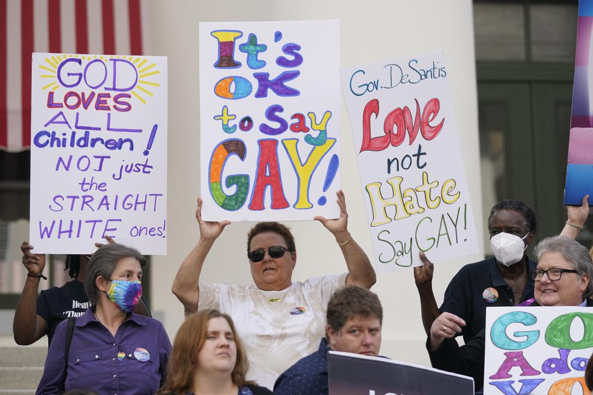 Demonstrators with signs such as "It's OK to say gay!"