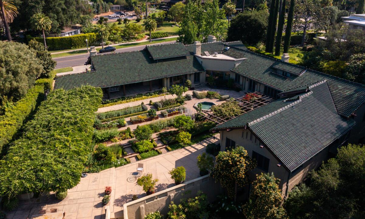 An aerial view of a Pasadena home that blends Craftsman, Asian and Italian influences.