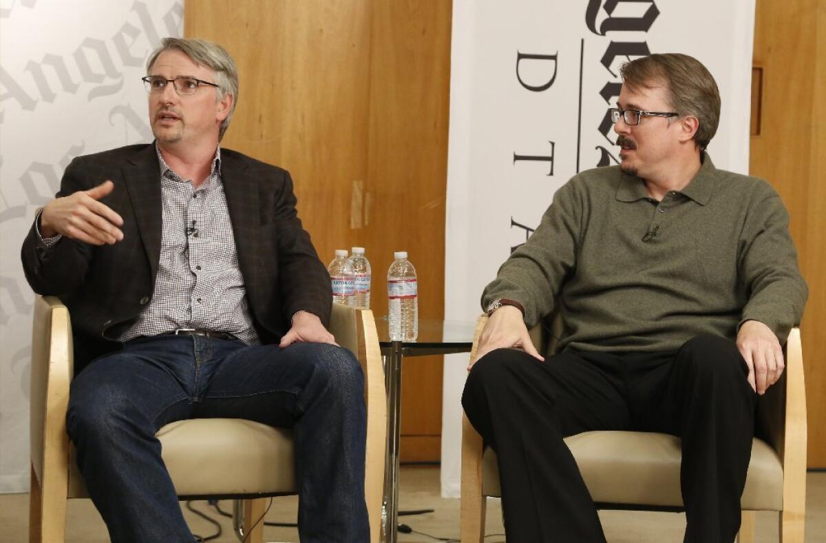 Glen Mazzara, left, of "The Walking Dead" and Vince Gilligan of "Breaking Bad" joined the Envelope Emmy Roundtable for TV's top show runners.