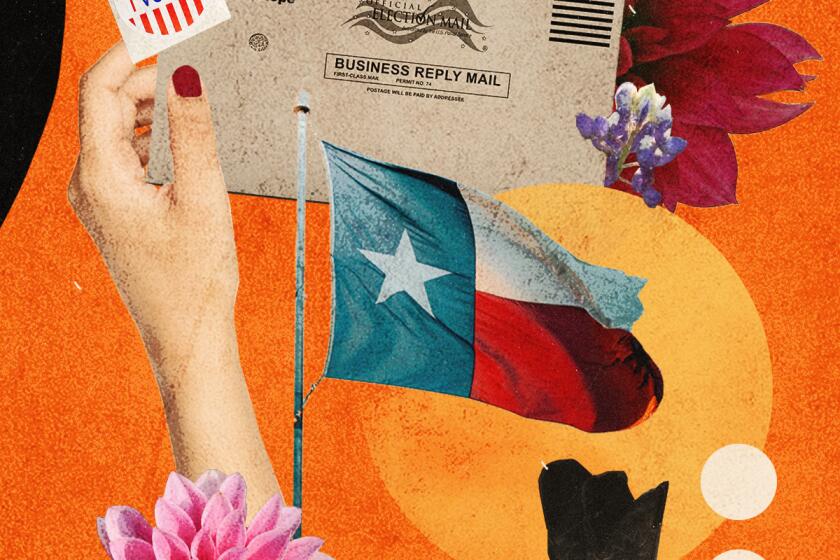 collage of Texas flag, cowboy boots, mail in ballot and I voted sticker 