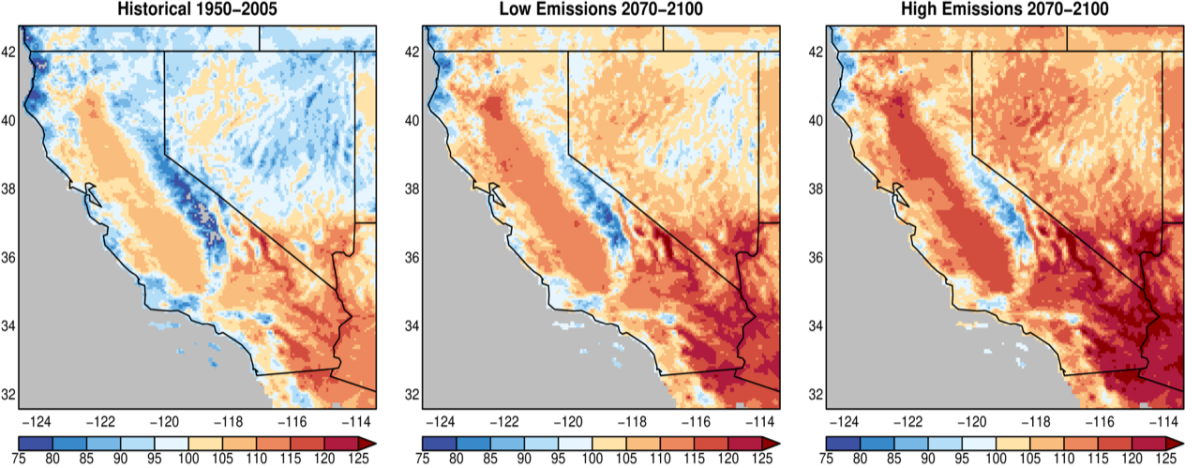 This SIO figure shows projected changes in California’s average hottest day of the year by the end of this century.