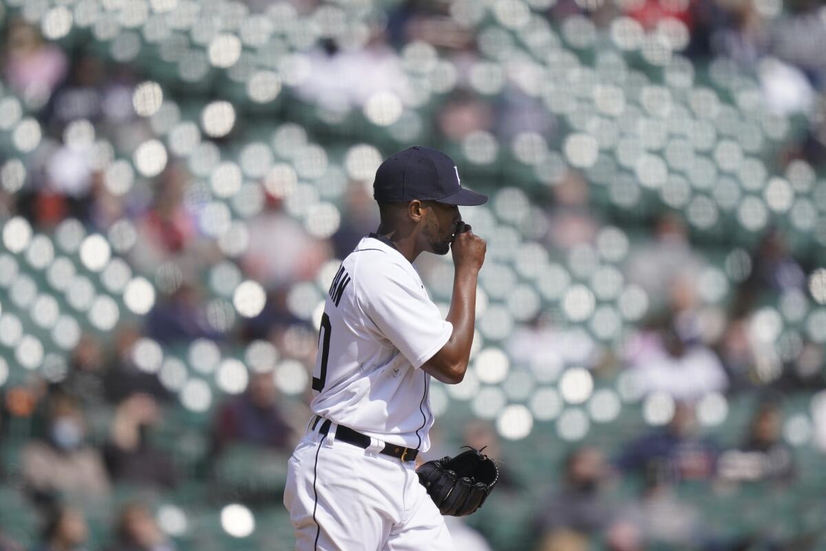 Detroit Tigers starting pitcher Julio Teheran walks on the mound during the fifth inning of a baseball game against the Cleveland Indians, Saturday, April 3, 2021, in Detroit. (AP Photo/Carlos Osorio)