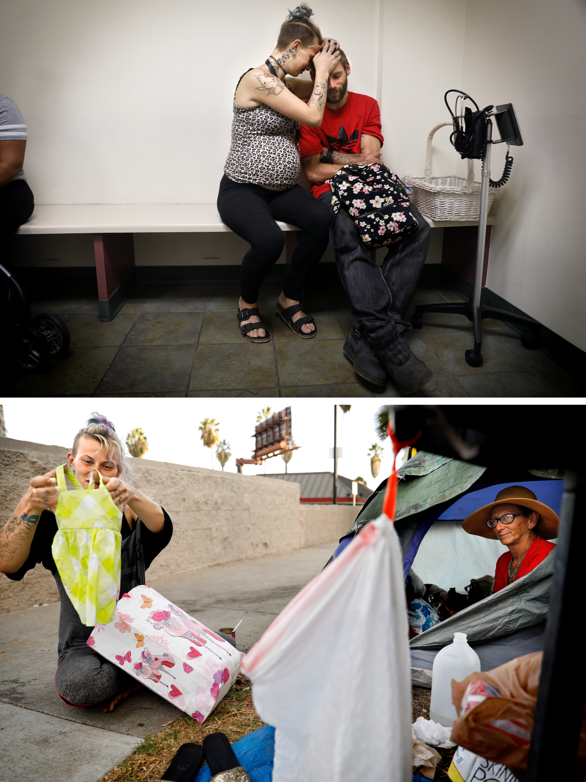 Two photos: A pregnant woman embraces a man's head. A woman holding up baby's clothing outside a tent