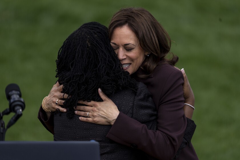 Judge Ketanji Brown Jackson and Vice President Kamala Harris hug 