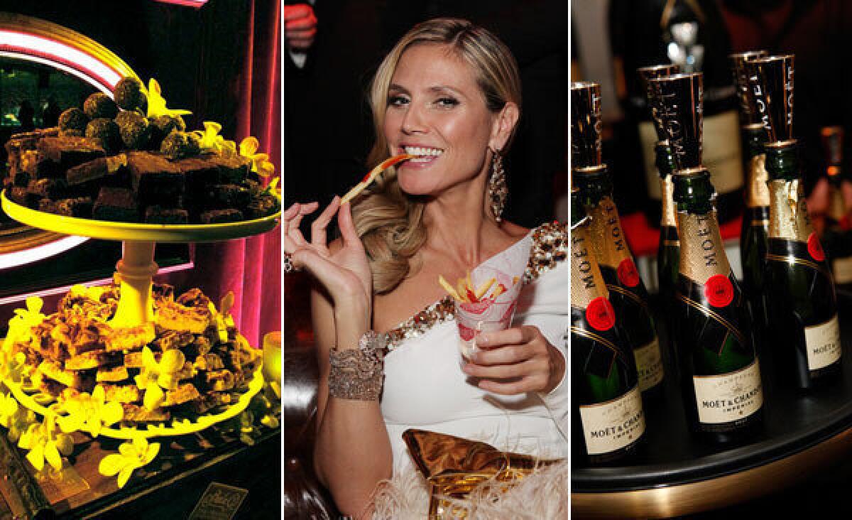 From left, sweets by Sheila G's, Heidi Klum eating french fries from Fatburger, and Moet Champagne flows.