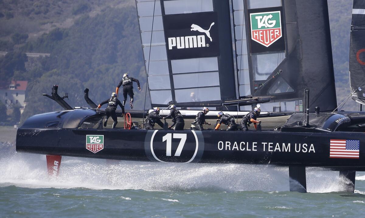 Oracle Team USA competes in Race 8 in the America's Cup in San Francisco Bay on Saturday.