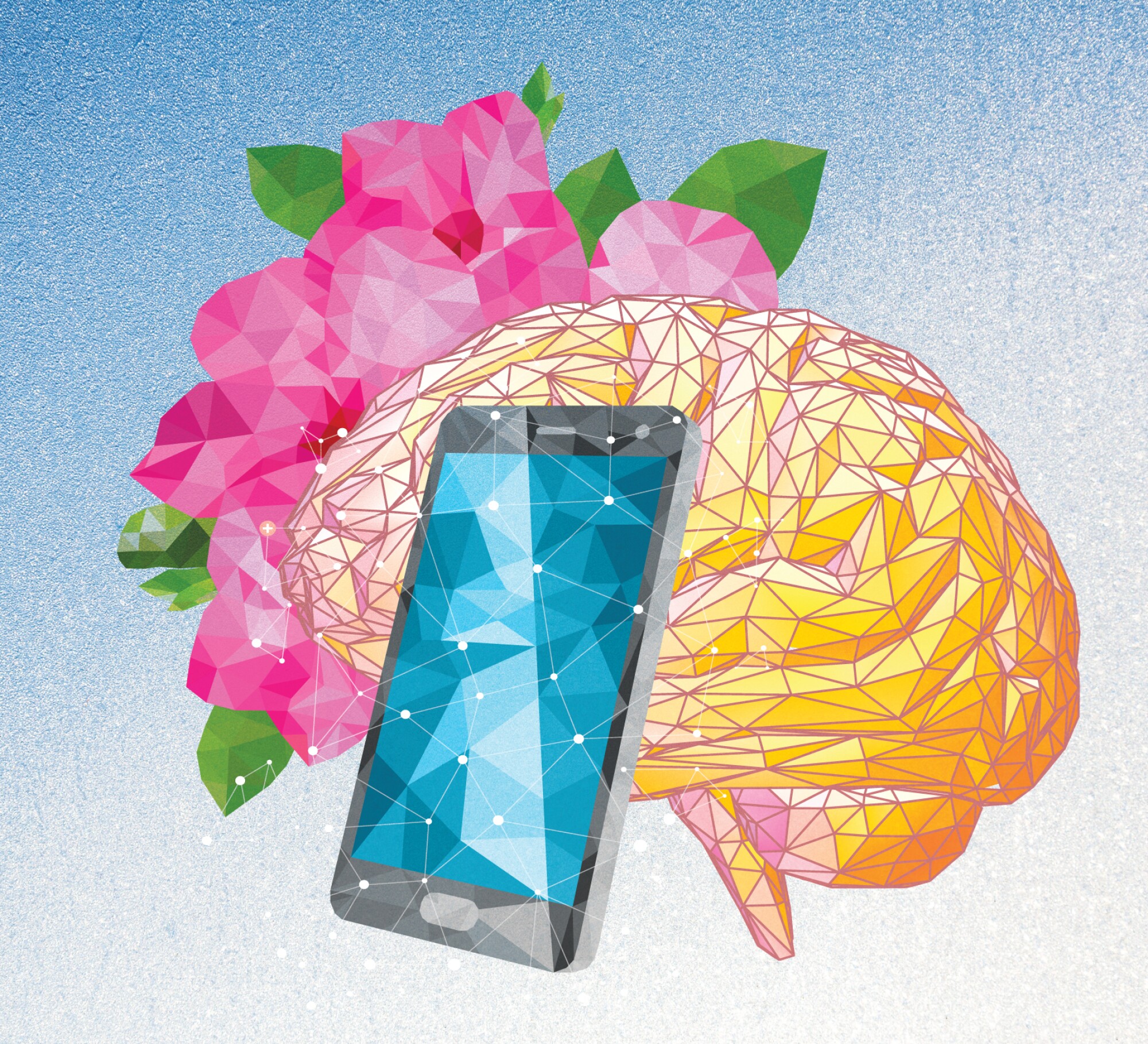 collage ilustrado de cerebro, teléfono e flores